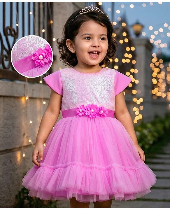 Babyhug Mesh Woven Half Sleeves Fit & Flared Tiered Party Frock with Sequin & Corsage Detailing- Lavender