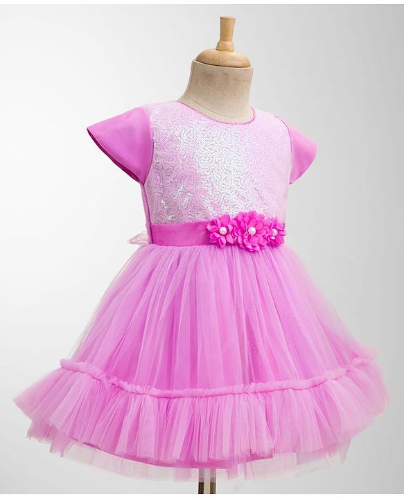 Babyhug Mesh Woven Half Sleeves Fit & Flared Tiered Party Frock with Sequin & Corsage Detailing- Lavender