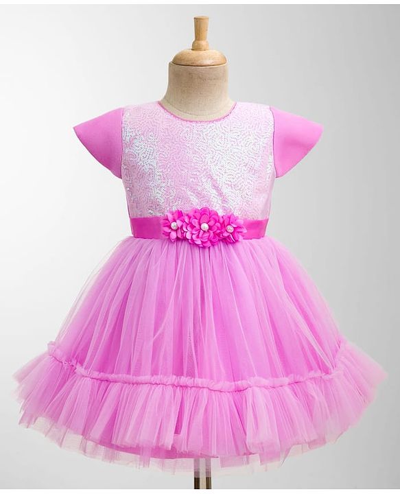 Babyhug Mesh Woven Half Sleeves Fit & Flared Tiered Party Frock with Sequin & Corsage Detailing- Lavender