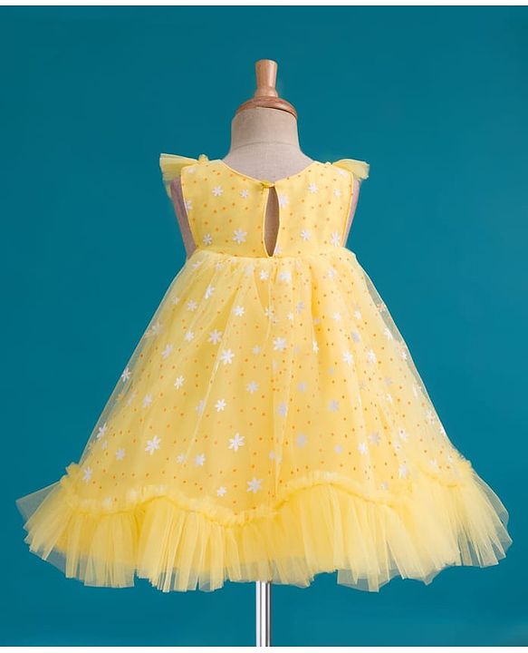 Babyhug Mesh Woven Sleeveless Party Dress With Floral & Polka Dot Print - Yellow