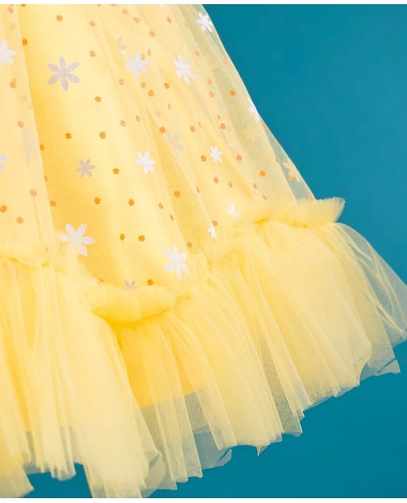 Babyhug Mesh Woven Sleeveless Party Dress With Floral & Polka Dot Print - Yellow
