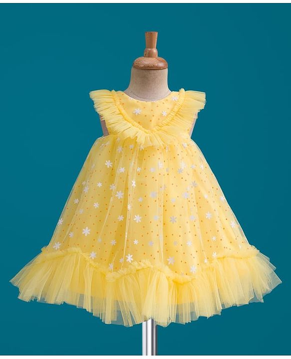 Babyhug Mesh Woven Sleeveless Party Dress With Floral & Polka Dot Print - Yellow