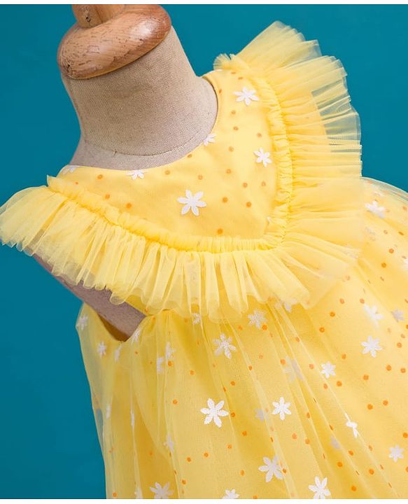 Babyhug Mesh Woven Sleeveless Party Dress With Floral & Polka Dot Print - Yellow