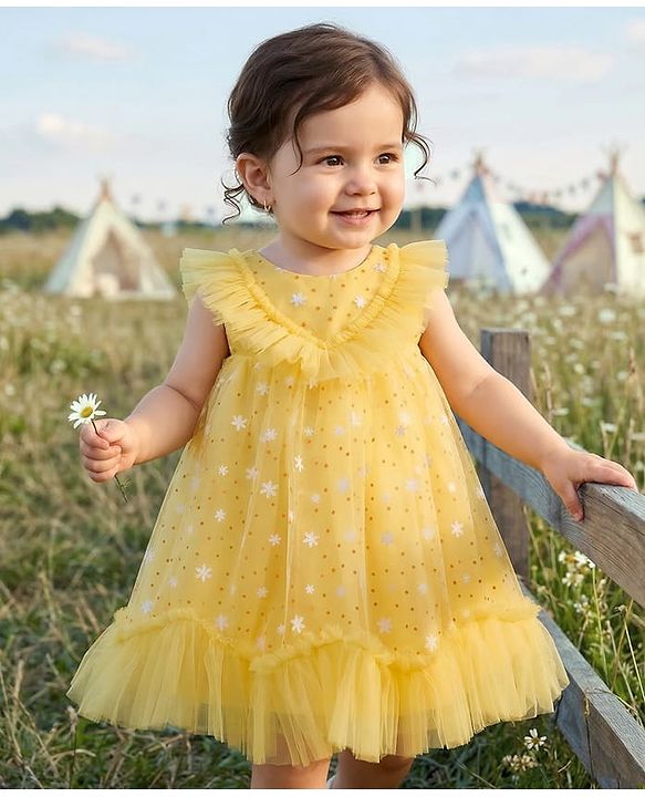 Babyhug Mesh Woven Sleeveless Party Dress With Floral & Polka Dot Print - Yellow