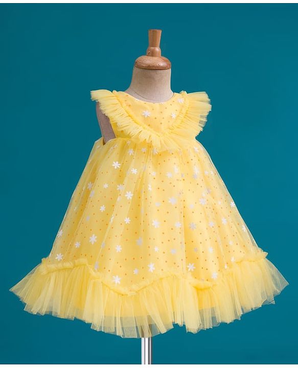 Babyhug Mesh Woven Sleeveless Party Dress With Floral & Polka Dot Print - Yellow