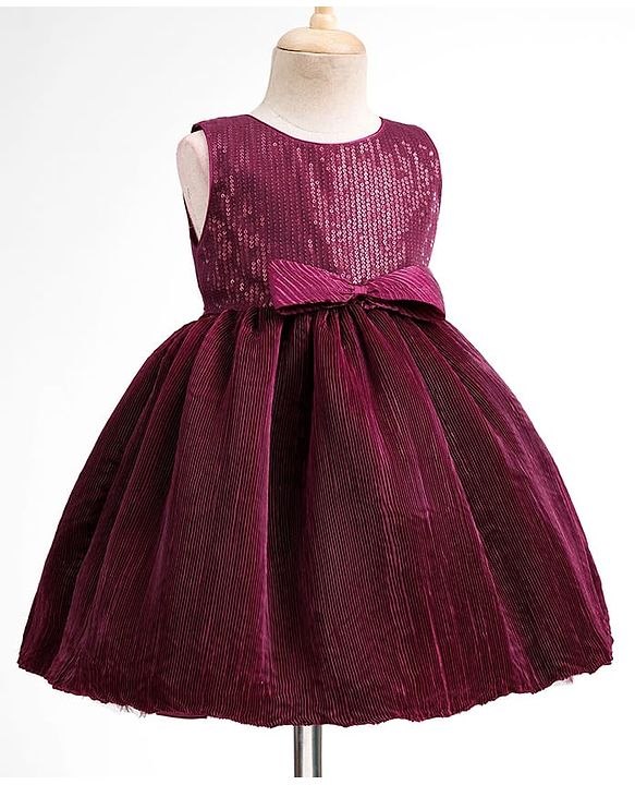 Babyhug Mesh Woven Sleeveless Sequinned Party Wear Frock With Bow Applique - Wine