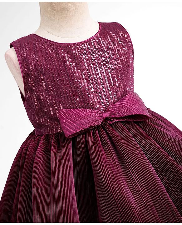Babyhug Mesh Woven Sleeveless Sequinned Party Wear Frock With Bow Applique - Wine