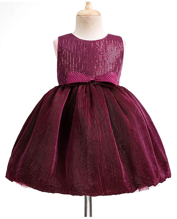 Babyhug Mesh Woven Sleeveless Sequinned Party Wear Frock With Bow Applique - Wine