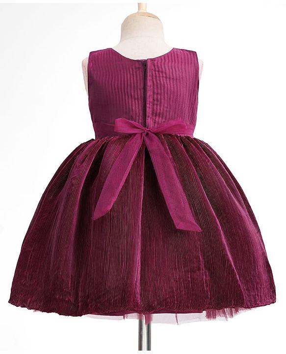 Babyhug Mesh Woven Sleeveless Sequinned Party Wear Frock With Bow Applique - Wine