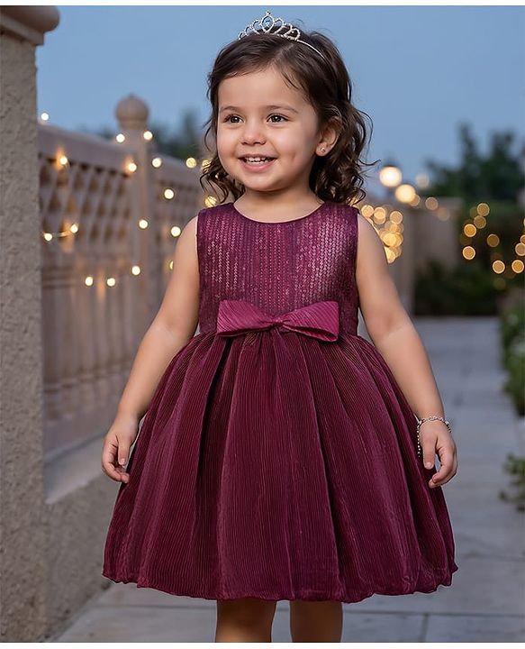 Babyhug Mesh Woven Sleeveless Sequinned Party Wear Frock With Bow Applique - Wine