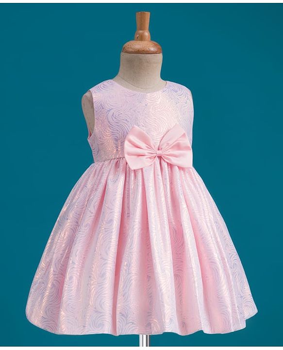 Babyhug Mesh Woven Sleeveless Shimmer Party Dress With Bow Applique - Pink