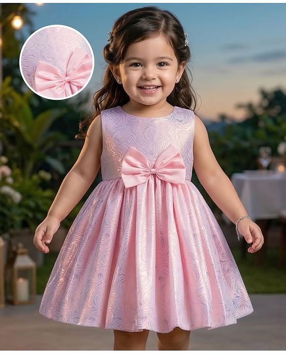 Babyhug Mesh Woven Sleeveless Shimmer Party Dress With Bow Applique - Pink