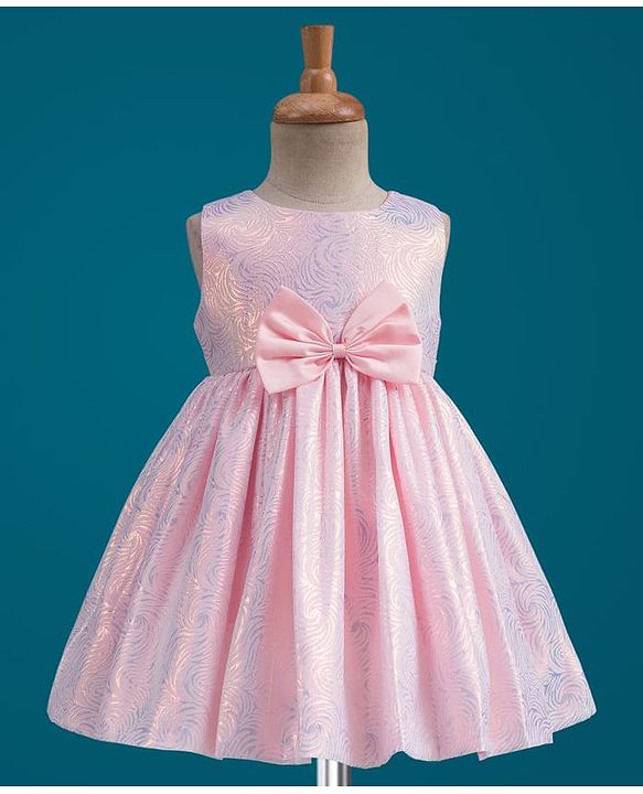 Babyhug Mesh Woven Sleeveless Shimmer Party Dress With Bow Applique - Pink
