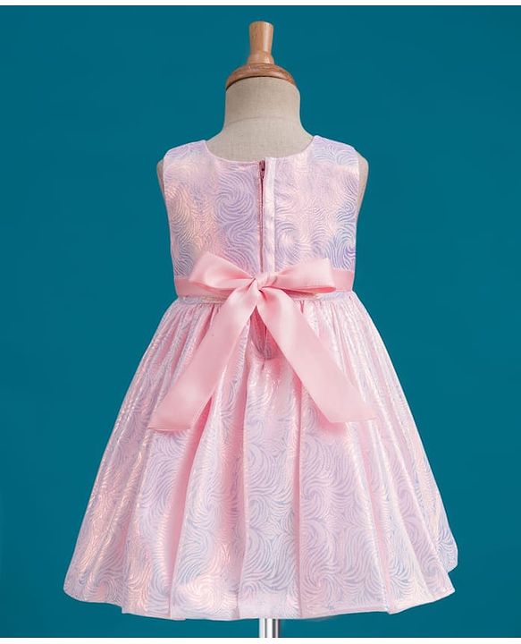 Babyhug Mesh Woven Sleeveless Shimmer Party Dress With Bow Applique - Pink