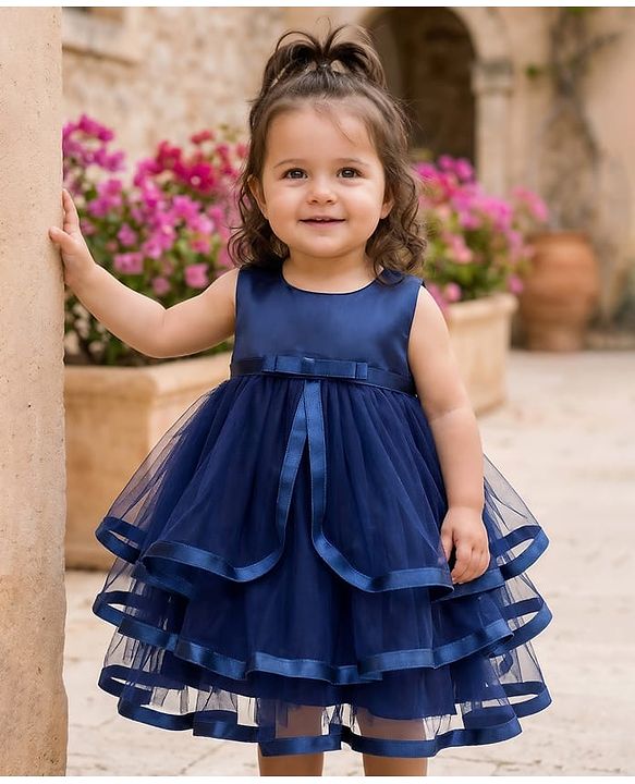 Babyhug Mesh Woven Sleeveless Solid Party Dress With Bow Applique - Navy Blue