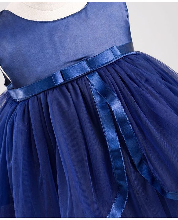Babyhug Mesh Woven Sleeveless Solid Party Dress With Bow Applique - Navy Blue