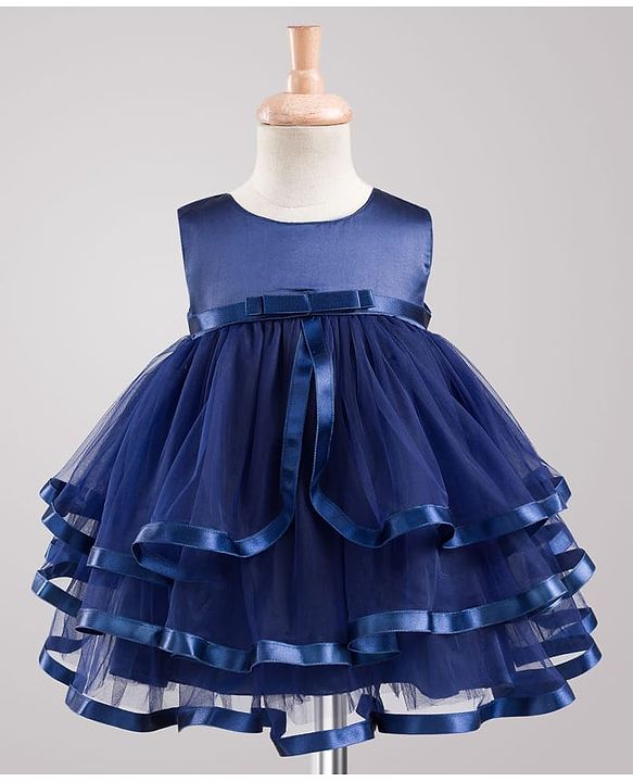 Babyhug Mesh Woven Sleeveless Solid Party Dress With Bow Applique - Navy Blue