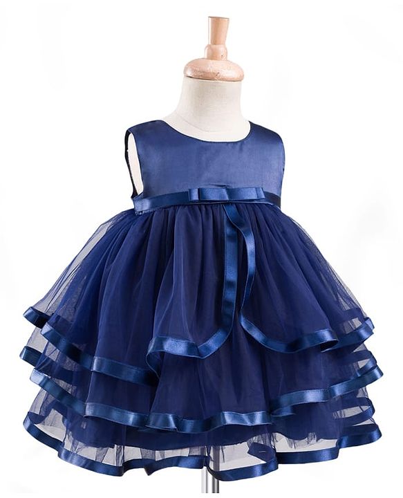Babyhug Mesh Woven Sleeveless Solid Party Dress With Bow Applique - Navy Blue