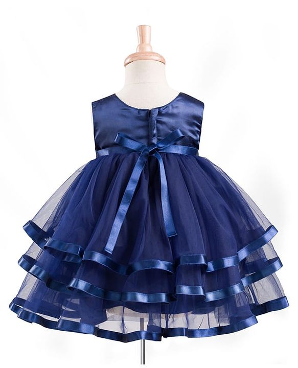 Babyhug Mesh Woven Sleeveless Solid Party Dress With Bow Applique - Navy Blue