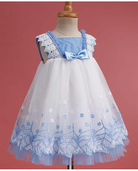 Babyhug Woven Sleeveless Mesh Party Dress with with Bow Applique Lace Detailing & Embroidery - Blue