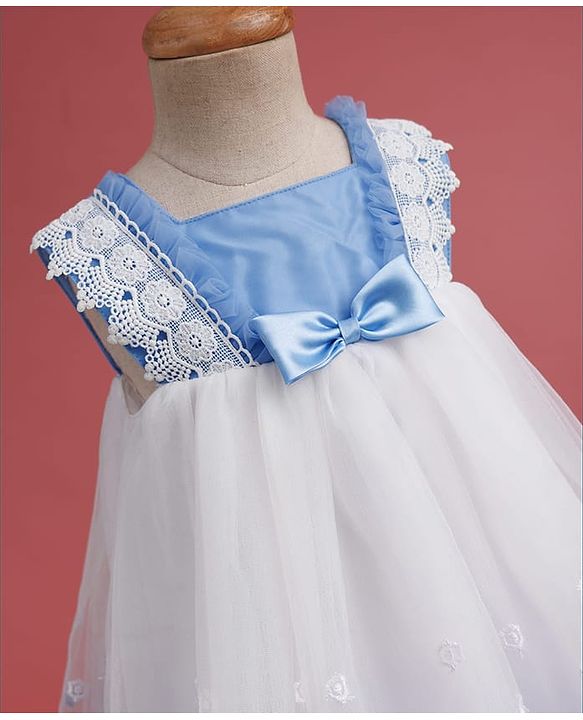 Babyhug Woven Sleeveless Mesh Party Dress with with Bow Applique Lace Detailing & Embroidery - Blue