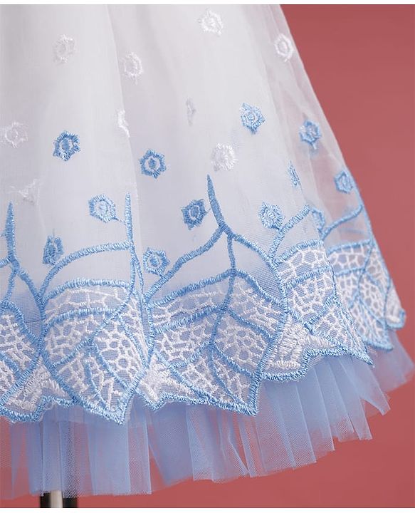 Babyhug Woven Sleeveless Mesh Party Dress with with Bow Applique Lace Detailing & Embroidery - Blue