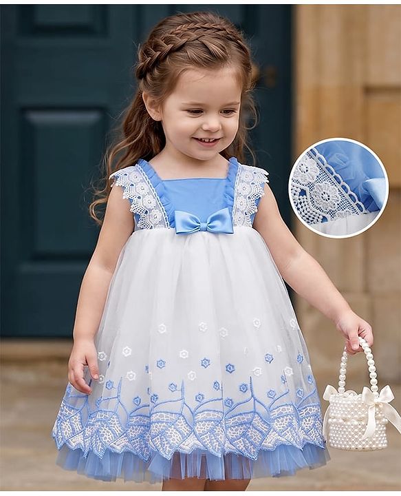 Babyhug Woven Sleeveless Mesh Party Dress with with Bow Applique Lace Detailing & Embroidery - Blue