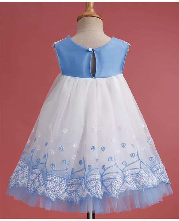 Babyhug Woven Sleeveless Mesh Party Dress with with Bow Applique Lace Detailing & Embroidery - Blue
