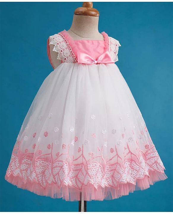 Babyhug Mesh Woven Sleeveless A Line Party Dress with Lace Detailing & Bow Applique - Dusty Pink