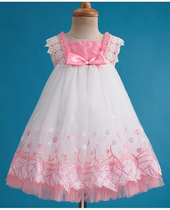 Babyhug Mesh Woven Sleeveless A Line Party Dress with Lace Detailing & Bow Applique - Dusty Pink
