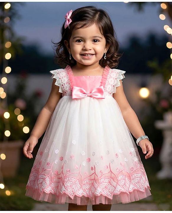 Babyhug Mesh Woven Sleeveless A Line Party Dress with Lace Detailing & Bow Applique - Dusty Pink