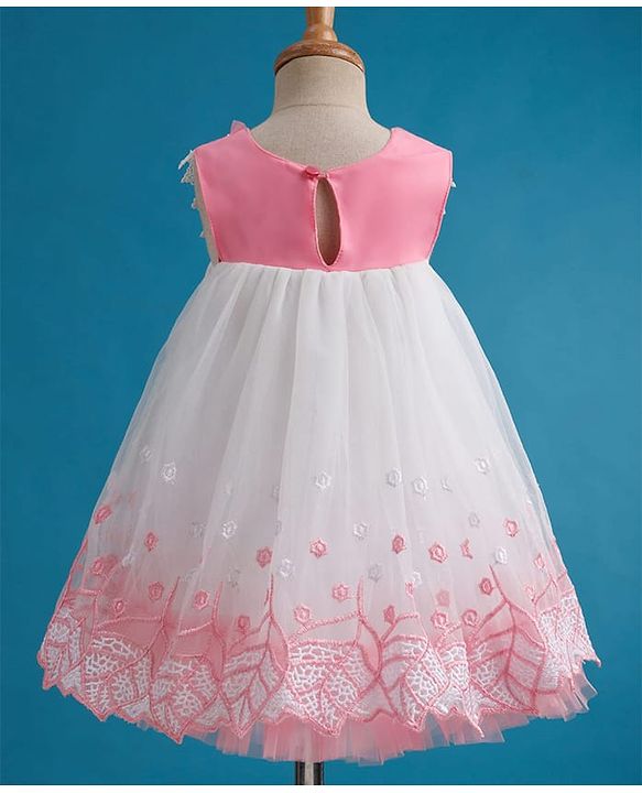 Babyhug Mesh Woven Sleeveless A Line Party Dress with Lace Detailing & Bow Applique - Dusty Pink