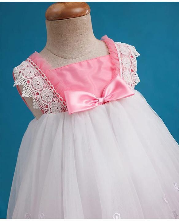 Babyhug Mesh Woven Sleeveless A Line Party Dress with Lace Detailing & Bow Applique - Dusty Pink
