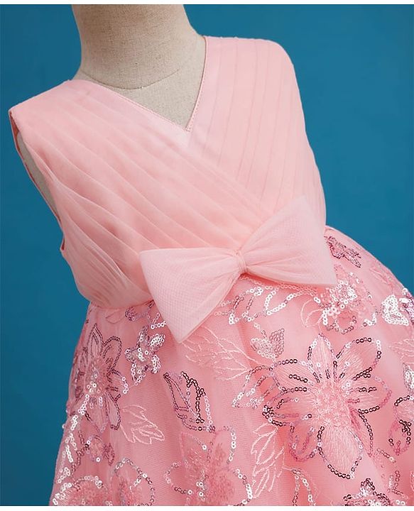 Babyhug Mesh Woven Sleeveless Fit & Flare Party Dress with Bow Applique & Sequin Detailing - Peach