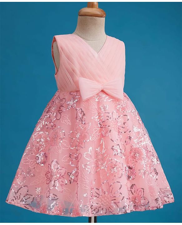 Babyhug Mesh Woven Sleeveless Fit & Flare Party Dress with Bow Applique & Sequin Detailing - Peach