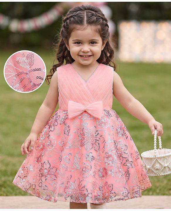 Babyhug Mesh Woven Sleeveless Fit & Flare Party Dress with Bow Applique & Sequin Detailing - Peach