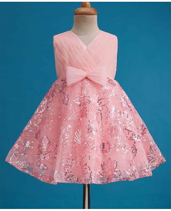 Babyhug Mesh Woven Sleeveless Fit & Flare Party Dress with Bow Applique & Sequin Detailing - Peach