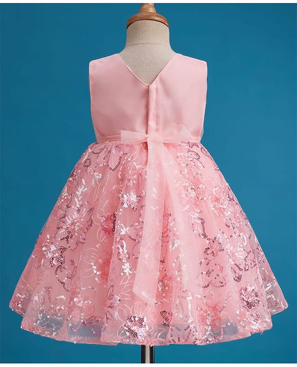 Babyhug Mesh Woven Sleeveless Fit & Flare Party Dress with Bow Applique & Sequin Detailing - Peach