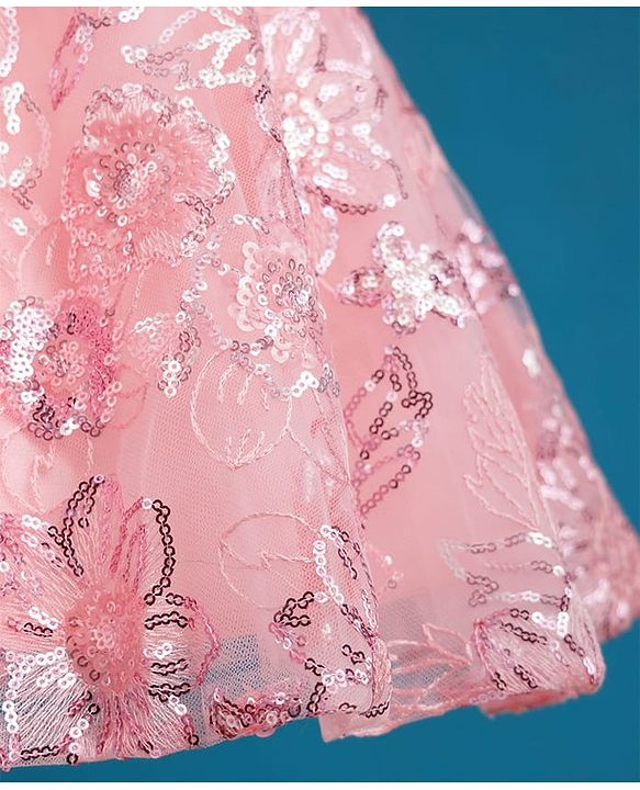 Babyhug Mesh Woven Sleeveless Fit & Flare Party Dress with Bow Applique & Sequin Detailing - Peach