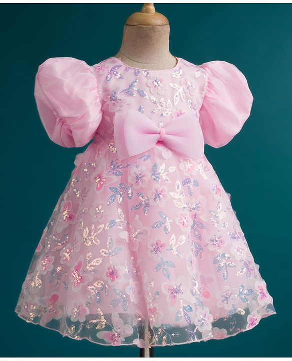 Babyhug Woven Half Puffed Sleeves Fit & Flare Mesh Party Dress with Heavy Sequins Embroidery & Double Bow  Detailing - Pink