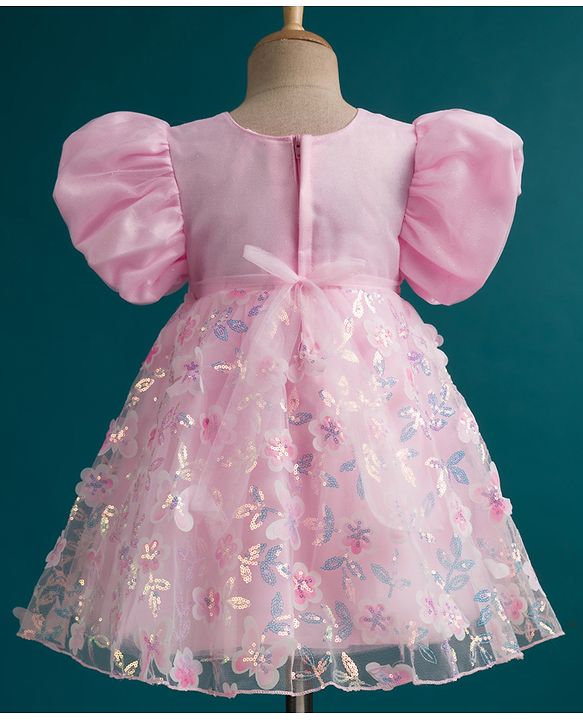Babyhug Woven Half Puffed Sleeves Fit & Flare Mesh Party Dress with Heavy Sequins Embroidery & Double Bow  Detailing - Pink