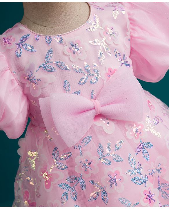 Babyhug Woven Half Puffed Sleeves Fit & Flare Mesh Party Dress with Heavy Sequins Embroidery & Double Bow  Detailing - Pink