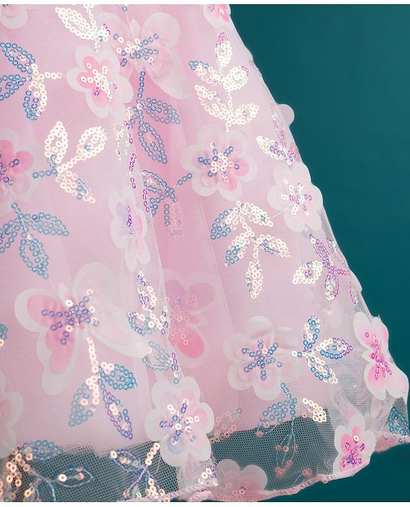 Babyhug Woven Half Puffed Sleeves Fit & Flare Mesh Party Dress with Heavy Sequins Embroidery & Double Bow  Detailing - Pink