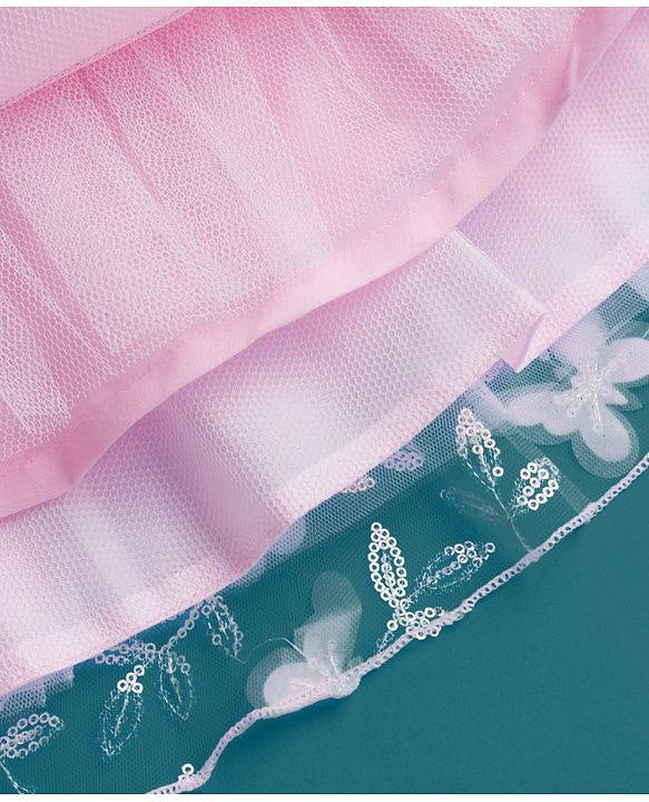 Babyhug Woven Half Puffed Sleeves Fit & Flare Mesh Party Dress with Heavy Sequins Embroidery & Double Bow  Detailing - Pink