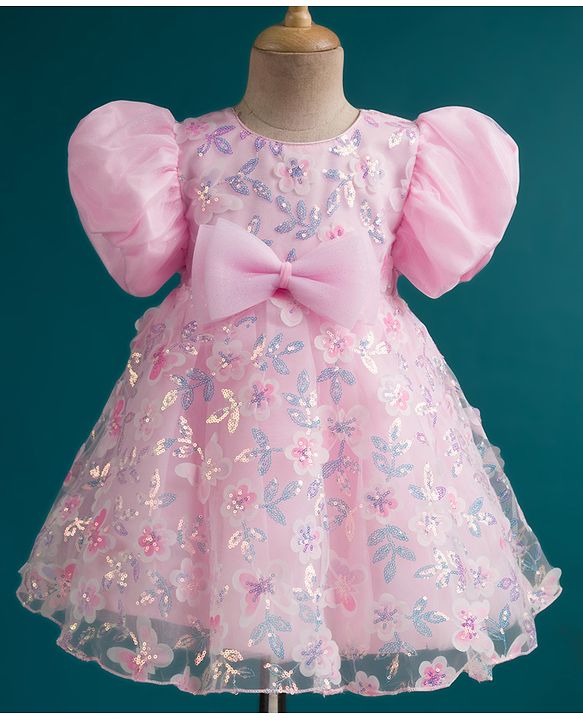 Babyhug Woven Half Puffed Sleeves Fit & Flare Mesh Party Dress with Heavy Sequins Embroidery & Double Bow  Detailing - Pink