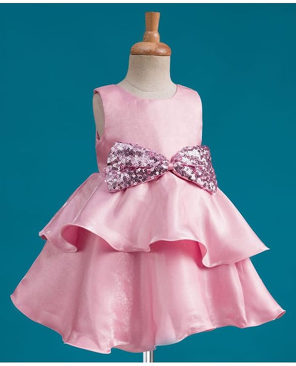Babyhug Tussar Woven Sleeveless Party Dress With Heavy Sequins Bow Detailing - Pink