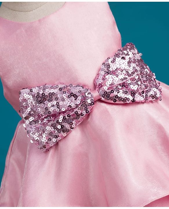 Babyhug Tussar Woven Sleeveless Party Dress With Heavy Sequins Bow Detailing - Pink