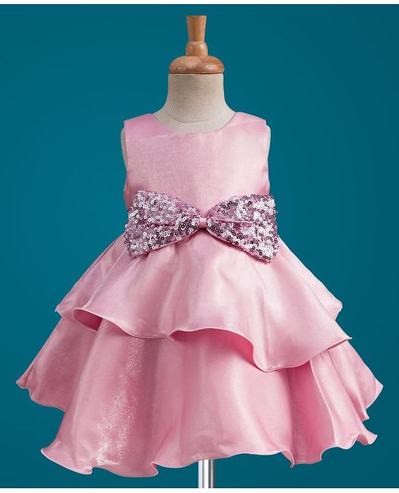 Babyhug Tussar Woven Sleeveless Party Dress With Heavy Sequins Bow Detailing - Pink