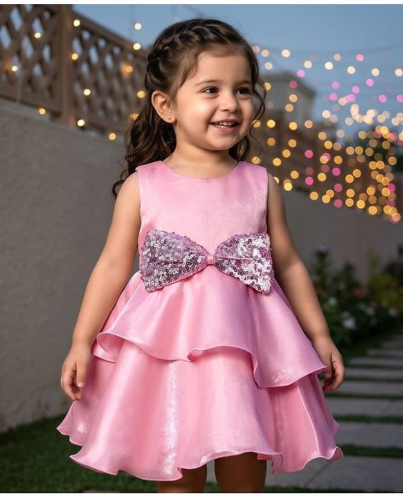 Babyhug Tussar Woven Sleeveless Party Dress With Heavy Sequins Bow Detailing - Pink
