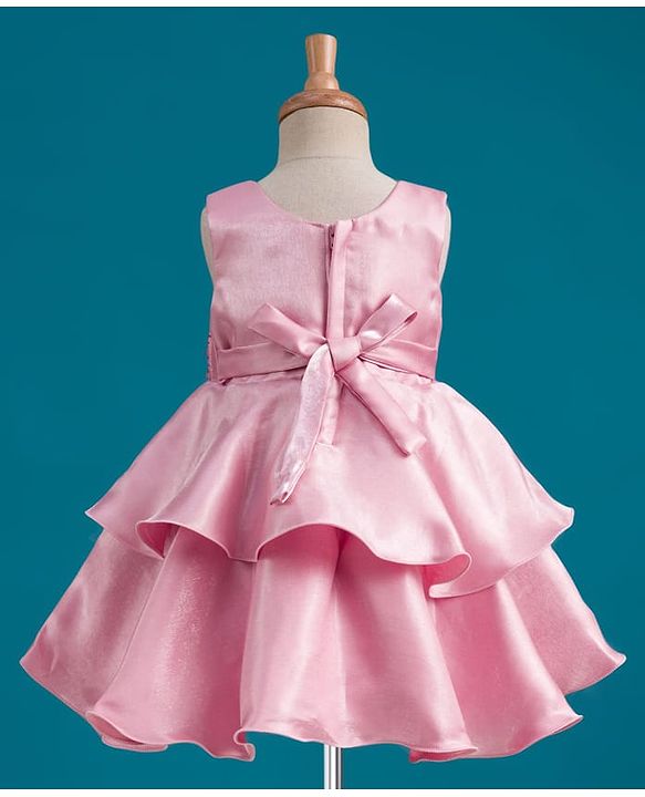 Babyhug Tussar Woven Sleeveless Party Dress With Heavy Sequins Bow Detailing - Pink